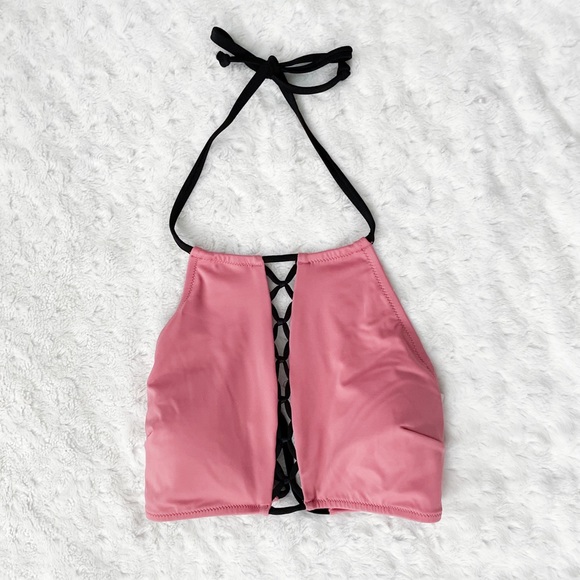 NWT-VS PINK Mauve & Black Caged Strappy Chest Halter Bikini Top